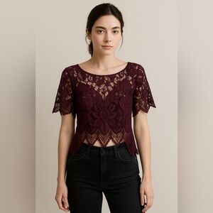 Express Y2K Crochet Lace Crop Top Burgundy XS Witchy Goth Grunge Vampy Moto